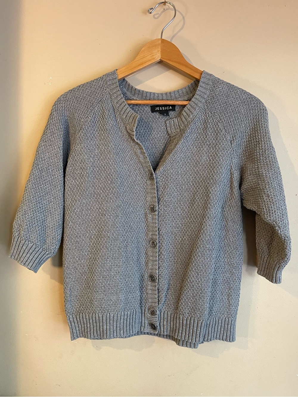 Jessica Grey Textured Cable Seed Knit 100% Cotton Button Cardigan Sweater L